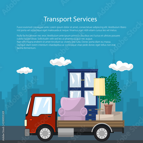 Poster with Truck, Freight Car is Transporting Furniture on the Background of the City, Transport Services and Logistics, Shipping and Freight of Goods, Flyer Brochure Design, Vector Illustration
