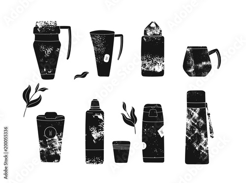 Collection of various vacuum flasks or thermoses and thermal mugs for warm drinks isolated on white background. Set of storage vessels used to keep beverages hot. Monochrome vector illustration.