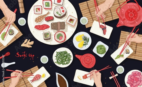 Horizontal banner with people sitting at table full of Japanese meals at Asian restaurant and eating sushi, sashimi and rolls with chopsticks, top view. Colorful realistic vector illustration.