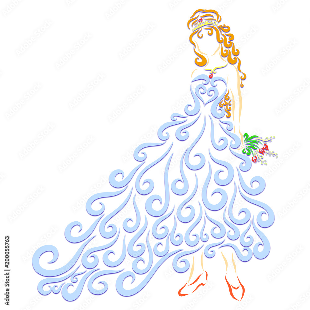Charming young lady in elegant solemn dress, with a bouquet of flowers Charming young lady in elegant solemn dress, with a bouquet of flowers
