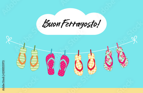 Cute colorful summer banner for Ferragosto italian summer holiday with flip flops hanging on the rope photo