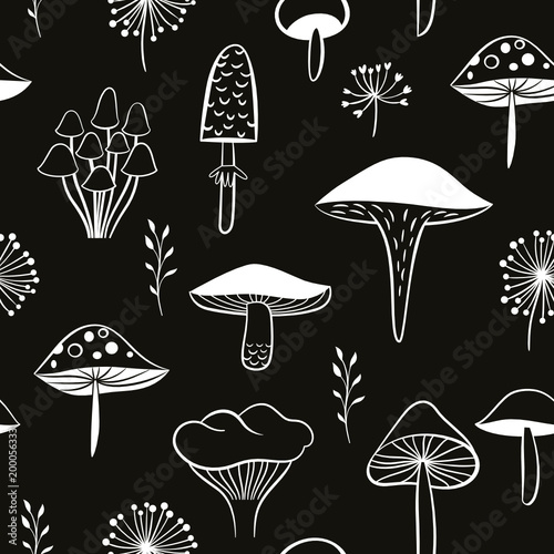 Mushrooms seamless pattern, black and white