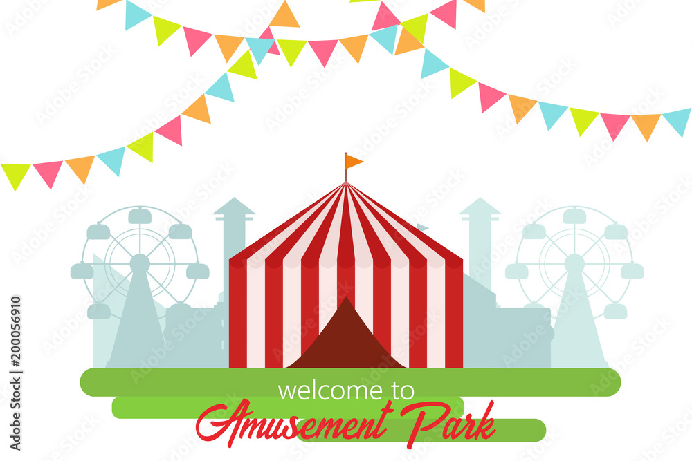 Welcome to amusement park. Amusement park landscape in flat style. Vector illustration. Vector concept for web, apps Welcome to amusement park. Amusement park landscape in flat style. Vector illustration. Vector concept for web, apps