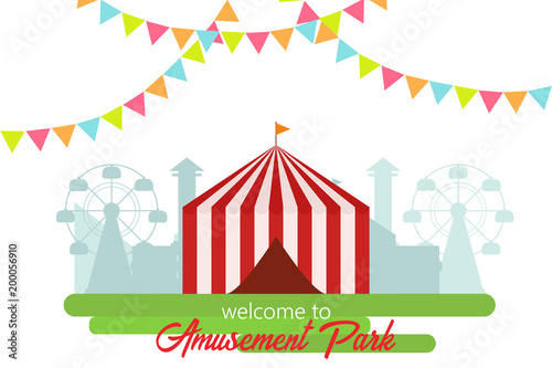 Welcome to amusement park. Amusement park landscape in flat style. Vector illustration. Vector concept for web, apps