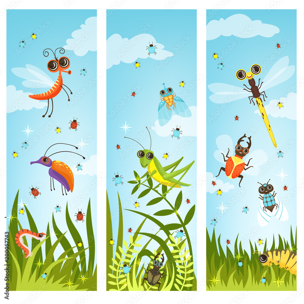 Vertical web banners with illustrations of cartoon insects