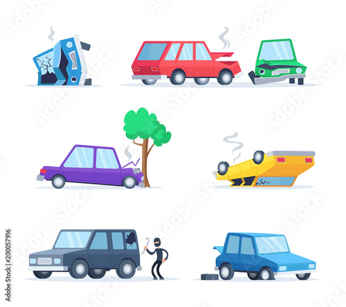 Vector pictures set of different accidents on the road. Big damage of cars