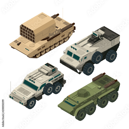 Isometric pictures of army heavy vehicles. Vector pictures set