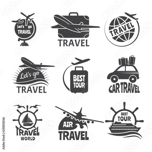 Vector label or logos forma travelling theme. Monochrome pictures of airplanes