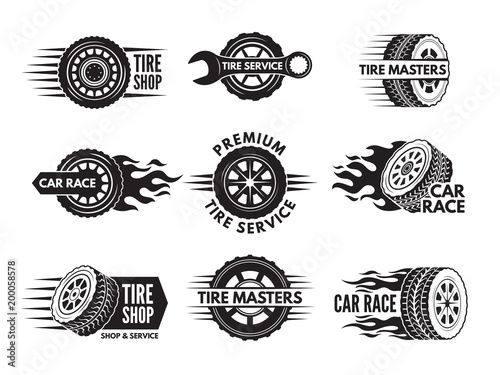 Race logos with pictures of different cars wheels