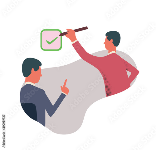 A person puts a tick in the checkbox. The symbol of the consent. Concept vector illustration, isolated on white background.