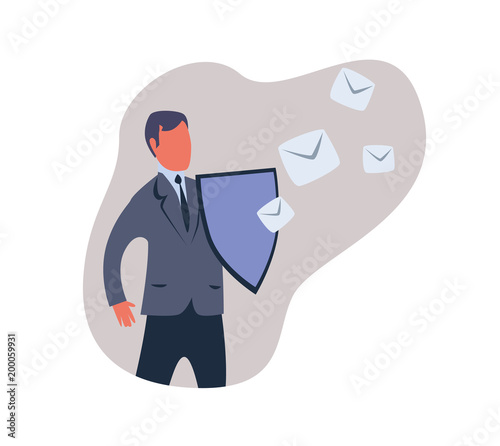 Spam filter, male shield off unwanted advertising messages. Concept vector illustration in abstract flat style, isolated on white background.