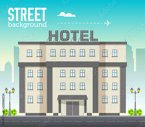 Hotel building in city space with road on flat syle background concept. Vector illustration design