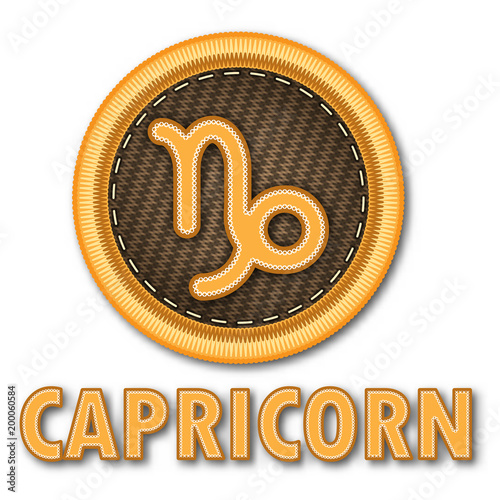 Embroidered patch work of Capricorn zodiac sign symbol icon for vector graphic design concept idea