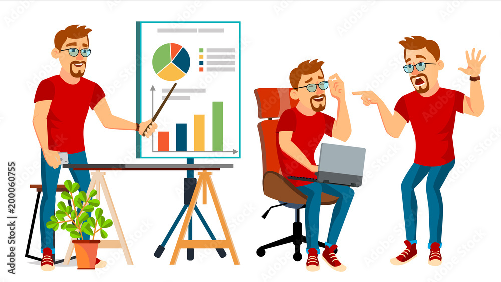 Business Man Character Vector. Working Man. Bearded. Environment Process Creative Studio. Male Worker. Full Length. Designer, Manager. Poses, Face Emotions, Gestures. Cartoon Business Illustration Business Man Character Vector. Working Man. Bearded. Environment Process Creative Studio. Male Worker. Full Length. Designer, Manager. Poses, Face Emotions, Gestures. Cartoon Business Illustration
