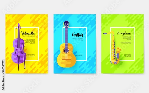 Music vector brochure cards set. Audio tools template of flyer, magazines, poster, book cover, ottoman motifs, element, banners. Concert invitation concept background. Layout illustration modern page