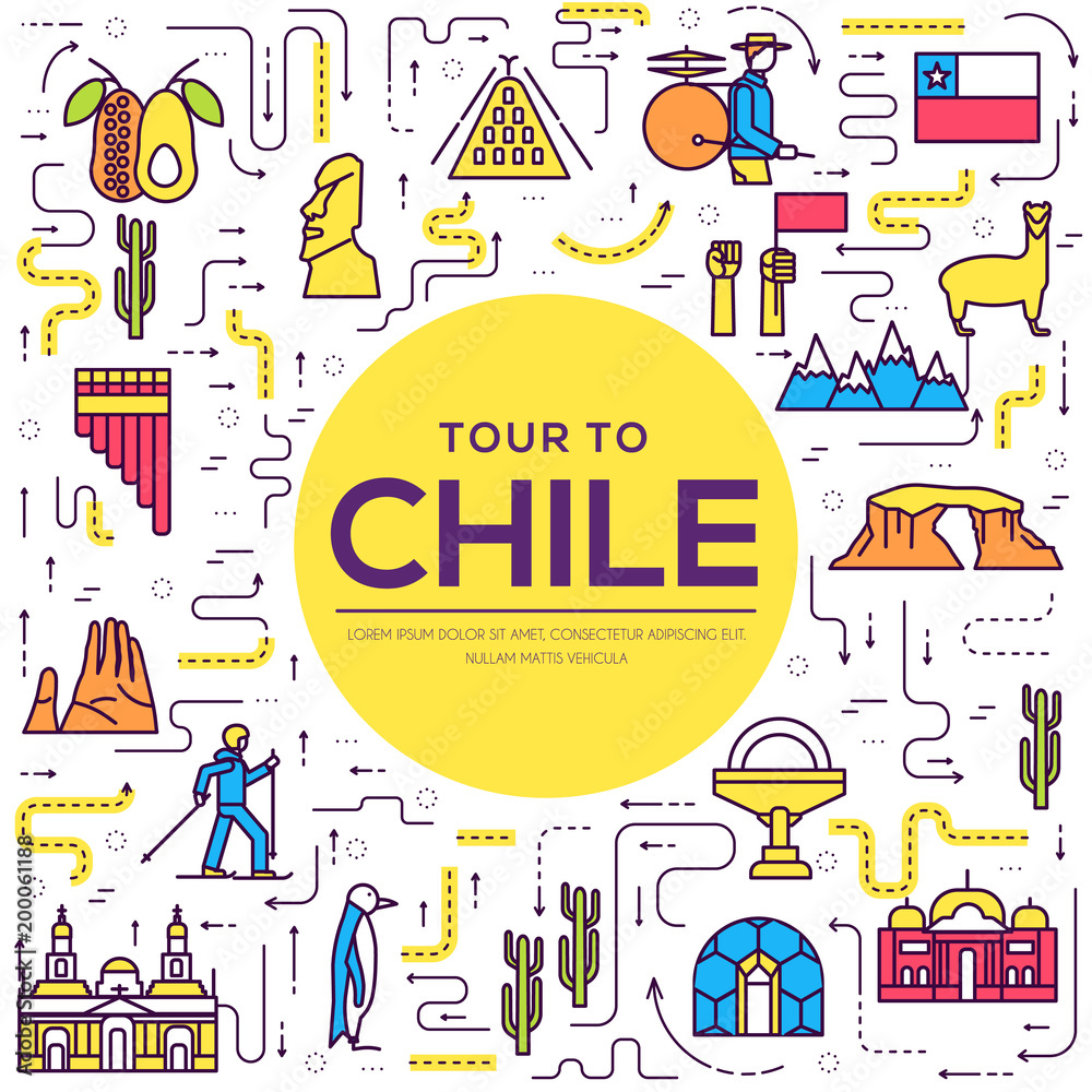 Country Chile thin line guide of goods, places and features. Set of outline architecture, fashion, people, items, nature background concept. Infographic template design for web and mobile