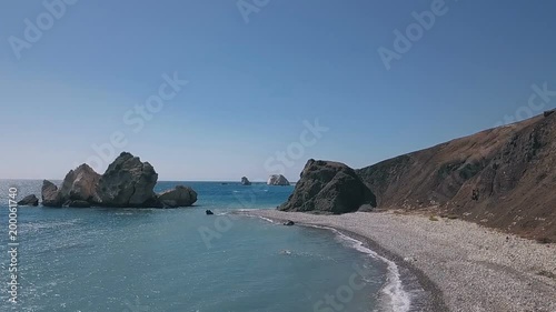 Beautiful sea aerial view, drone shot along the coast of Petra tou Romiou, Cyprus