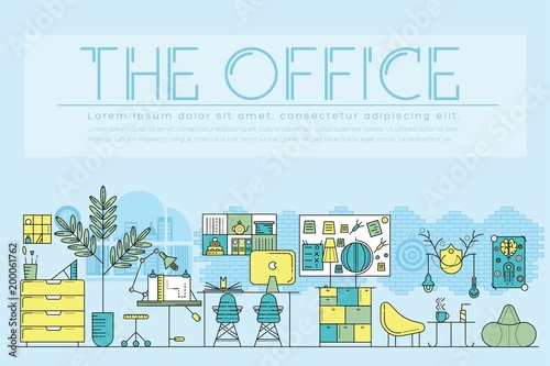 Modern office interior landscape concept. Thin line icons with flat background design. Place for work. workplace designer and it people room.