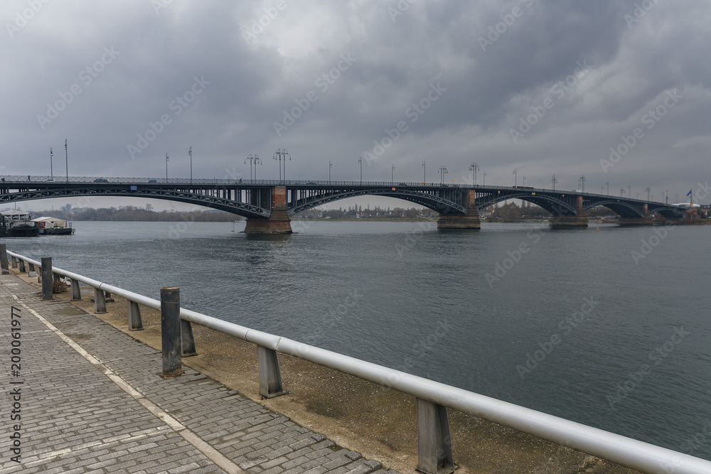 view from the city promenade on the bridge over the Rhine river against the cloudy sky view from the city promenade on the bridge over the Rhine river against the cloudy sky