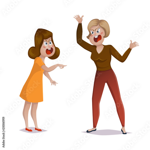 Quarrel. Two women arguing and shouting at each other. Female conflict, problems in relationships, friendship difficulties. Vector illustration 
