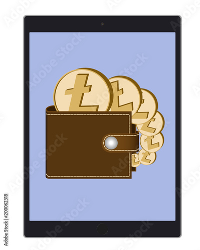 wallet with litecoin coins on a tablet screen