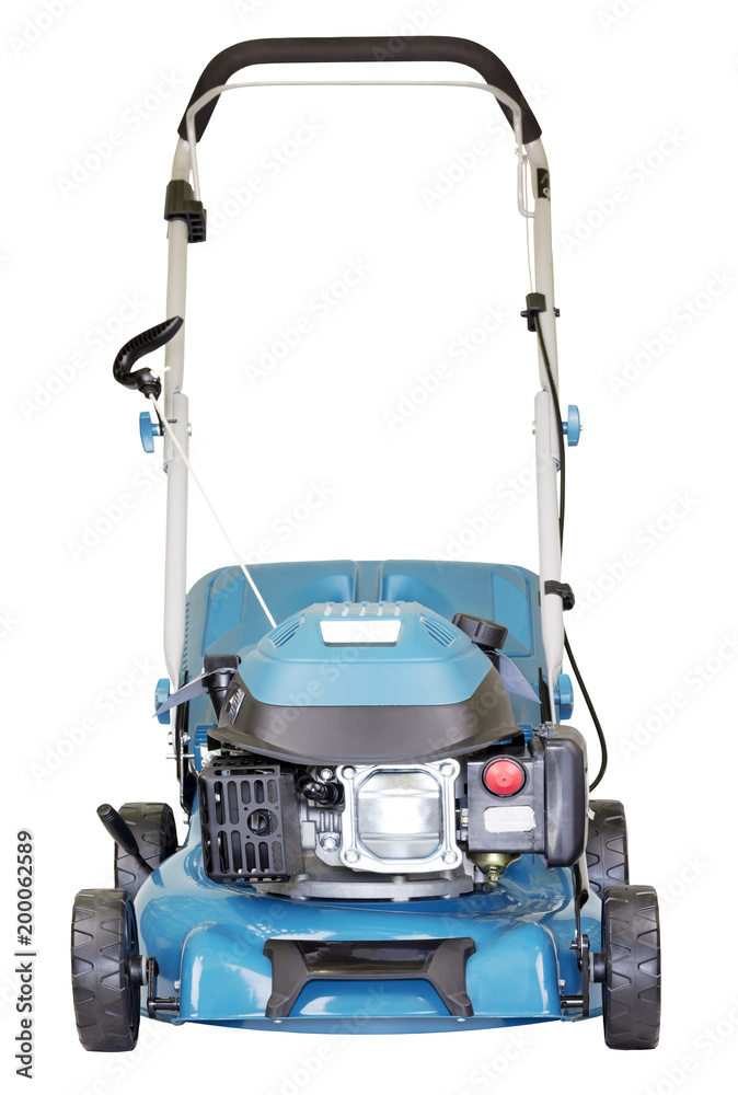 Gasoline mower isolated on white background, high resolution, facade view