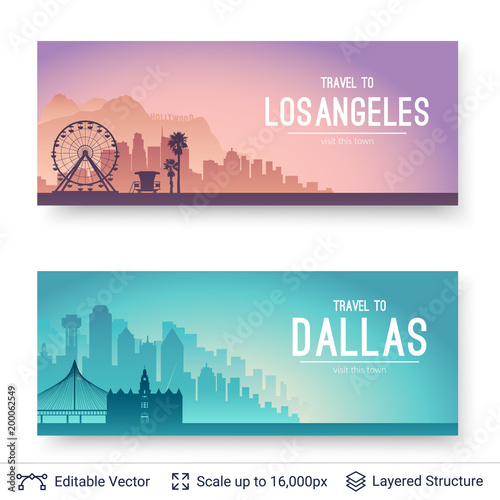 Los Angeles and Dallas famous city scapes.