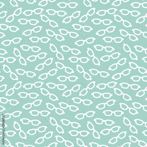 Eyeglasses, eyes health care seamless pattern, medical vector blue and white background. Optometry equipment, glasses icons. Repeated illustration for oculist clinic.