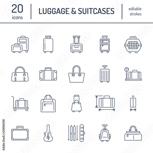 Luggage flat line icons. Carry-on, hardside suitcases, wheeled bags, pet carrier, travel backpack. Baggage dimensions and weight thin linear signs.