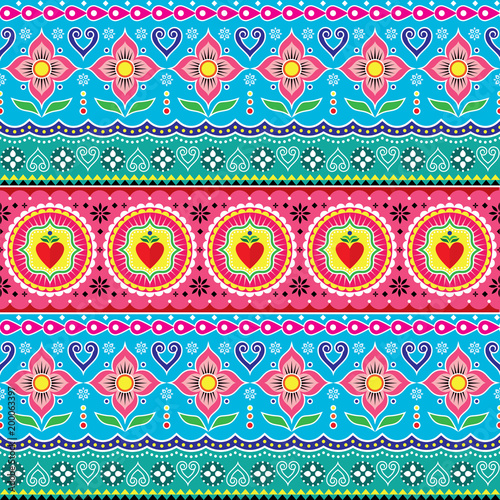 Indian trucks art seamless vector pattern, Pakistani colorful truck floral design with lotus flower, leaves and abstract shapes 