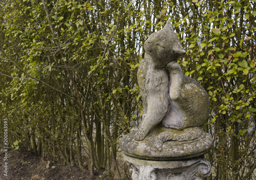 Sculpture of a cat in the garden with a green hedge behind