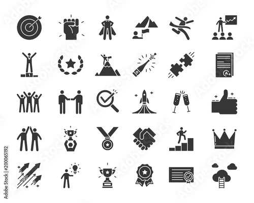 Icons related with success, motivation, willpower, leadership, determination, effectiveness and growth. Vector pictogram thematic set in glyph style. Objects and dynamic character actions