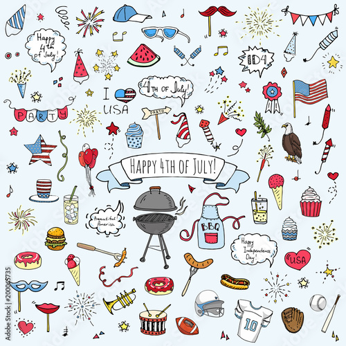 Hand drawn doodle Happy 4th of July icons set Vector illustration USA independence day symbols collection Cartoon sketch celebration elements: BBQ, food, drink, party, rocket, fireworks, American flag