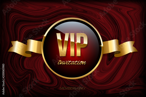VIP invitation design template. Vector golden ribbon and VIP invitation text on dark red marble texture.