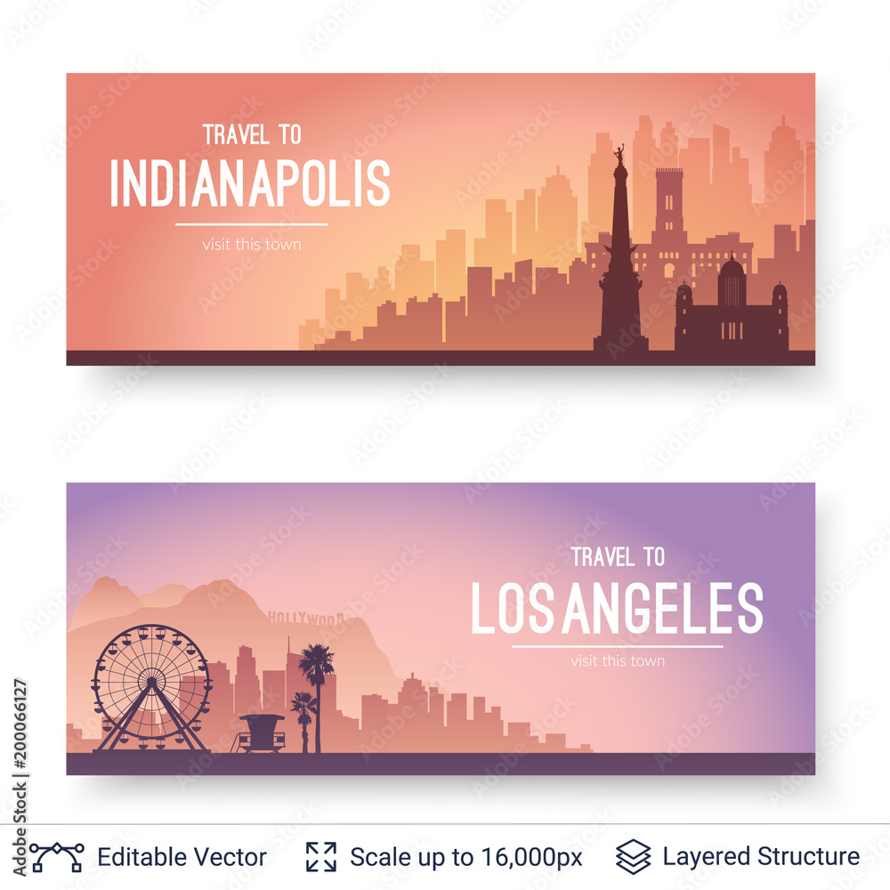 Fototapeta premium Indianapolis and Los Angeles famous city scapes.