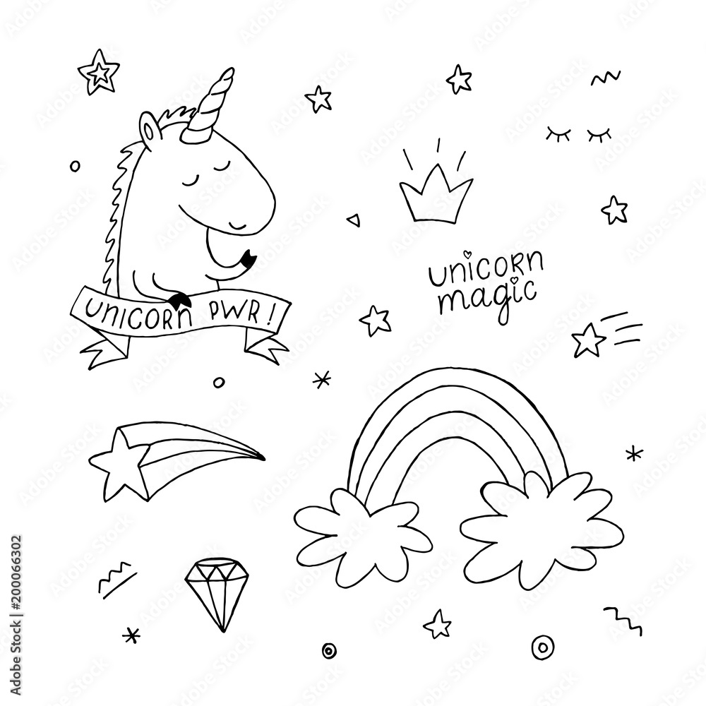 Unicorn coloring book set. Rainbow, star, crown. Black and white, monochrome. Page for children and kids. Set collection. Hand drawn design for T-shirt print, fabric textile, birthday greeting card