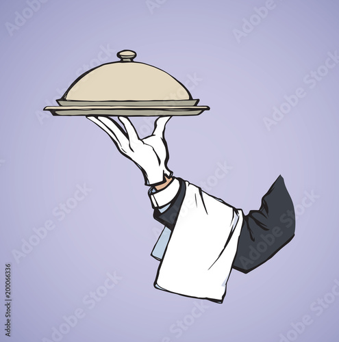 Hand of waiter with dish. Vector drawing