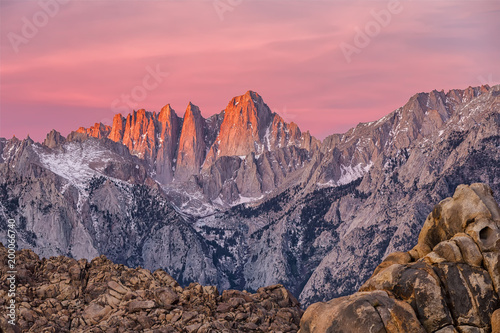 Mountain Whitney view on sunrise at Alabama Hills, Eastern Sierra Nevada Mountains, Lone Pine, California, USA. photo