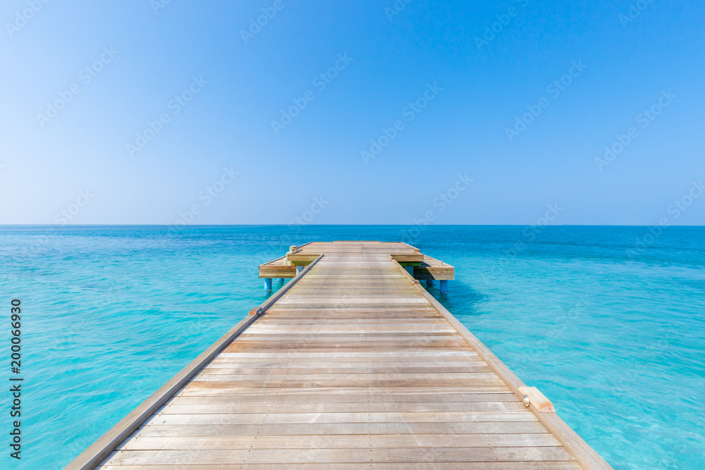 Inspirational sea and sky and wooden pier. Calmness and tranquility concept banner