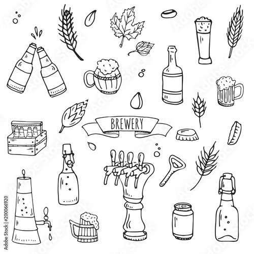 Hand drawn doodle set of Brewery icons. Vector illustration set. Cartoon Craft Beer production symbols. Sketchy brewing elements collection: pub equipment, malt, hop, glass, barrel, mill, beer tap.