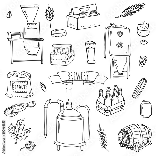 Hand drawn doodle set of Brewery icons. Vector illustration set. Cartoon Craft Beer production symbols. Sketchy brewing elements collection: pub equipment, malt, hop, glass, barrel, mill, beer tap.