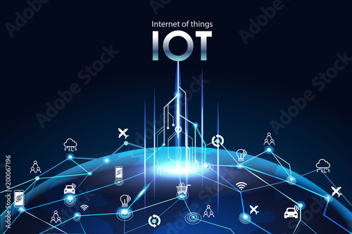 Internet of things (IOT), devices and connectivity concepts on a network, cloud at center. digital circuit board above the global Earth. photo