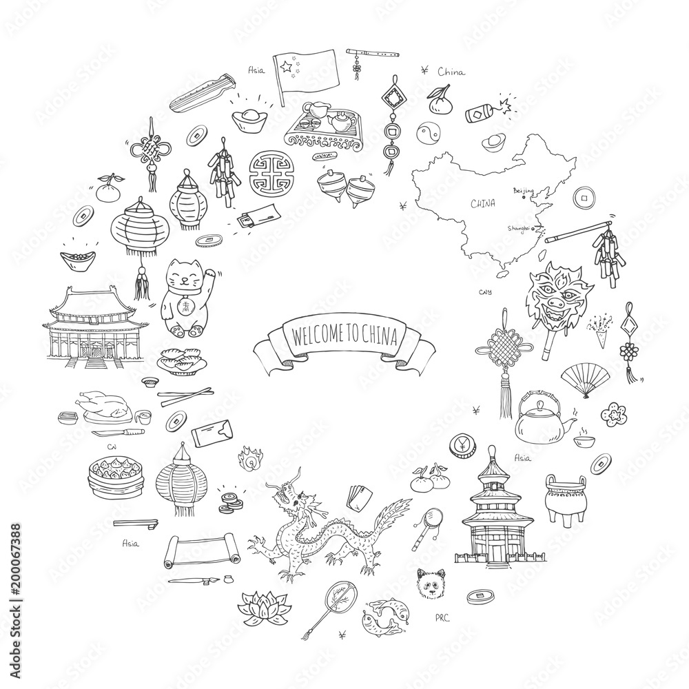 Hand drawn doodle China icons collection Vector illustration Sketchy Chinese icons set. Welcome to China, Tea Ceremony, National Food, Lantern Dim Sum, Dragon, Landmark, Map, Asian architecture