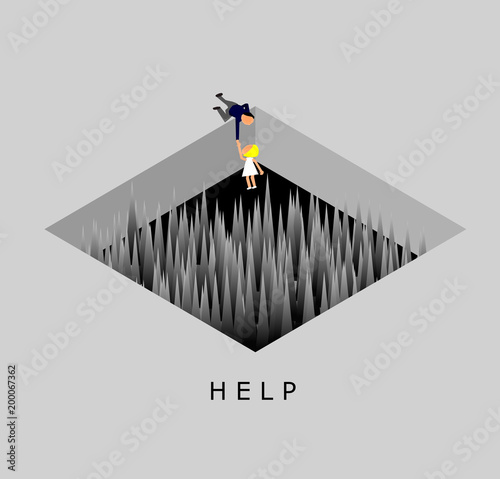 businessman helping the worker,Man tries to pull a woman out of Spike trap hole,Help concept,vector illustration.