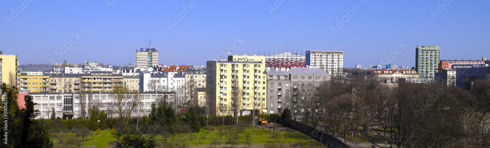 Warsaw, Poland - Panoramic view of the Powisle quarter, situated along Vistula River in central Warsaw