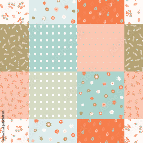 Fototapeta Naklejka Na Ścianę i Meble -  Vector abstract seamless patchwork pattern with geometric and floral ornaments, stylized flowers, dots and lace. Vintage boho style.