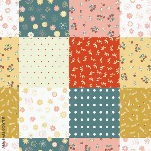 Vector abstract seamless patchwork pattern with geometric and floral ornaments, stylized flowers, dots and lace. Vintage boho style.