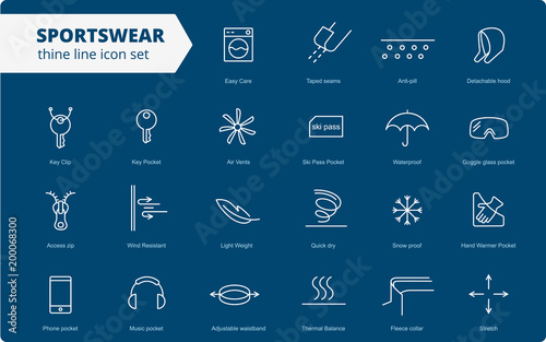 Fabric and clothes feature line icons. Linear wear labels. Elements - waterproof, uv protection, breathable fiber and more. Textile industry pictograms for garments. Ski garments, sportswear