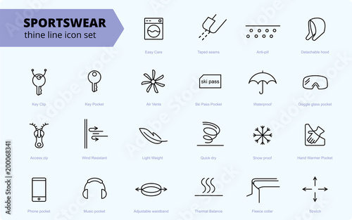 Fabric and clothes feature line icons. Linear wear labels. Elements - waterproof, uv protection, breathable fiber and more. Textile industry pictograms for garments. Ski garments, sportswear