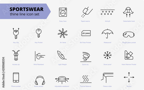 Fabric and clothes feature line icons. Linear wear labels. Elements - waterproof, uv protection, breathable fiber and more. Textile industry pictograms for garments. Ski garments, sportswear